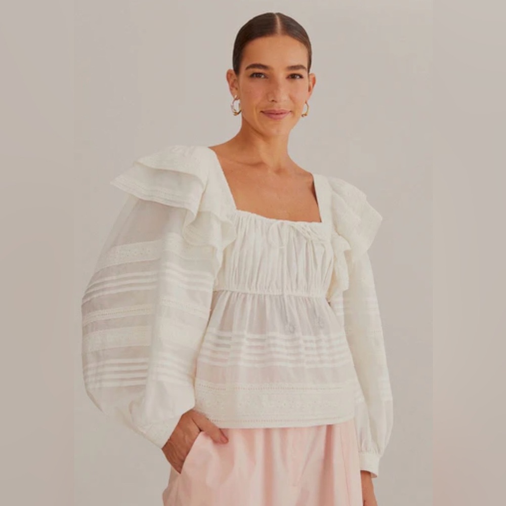 Farm Rio Off White Square Neckline Puff Sleeve Cotton Blouse Size Medium